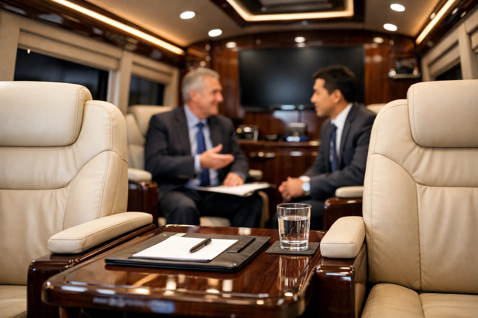 Interior of a luxury mobile boardroom van for high-end Super Bowl corporate logistics.