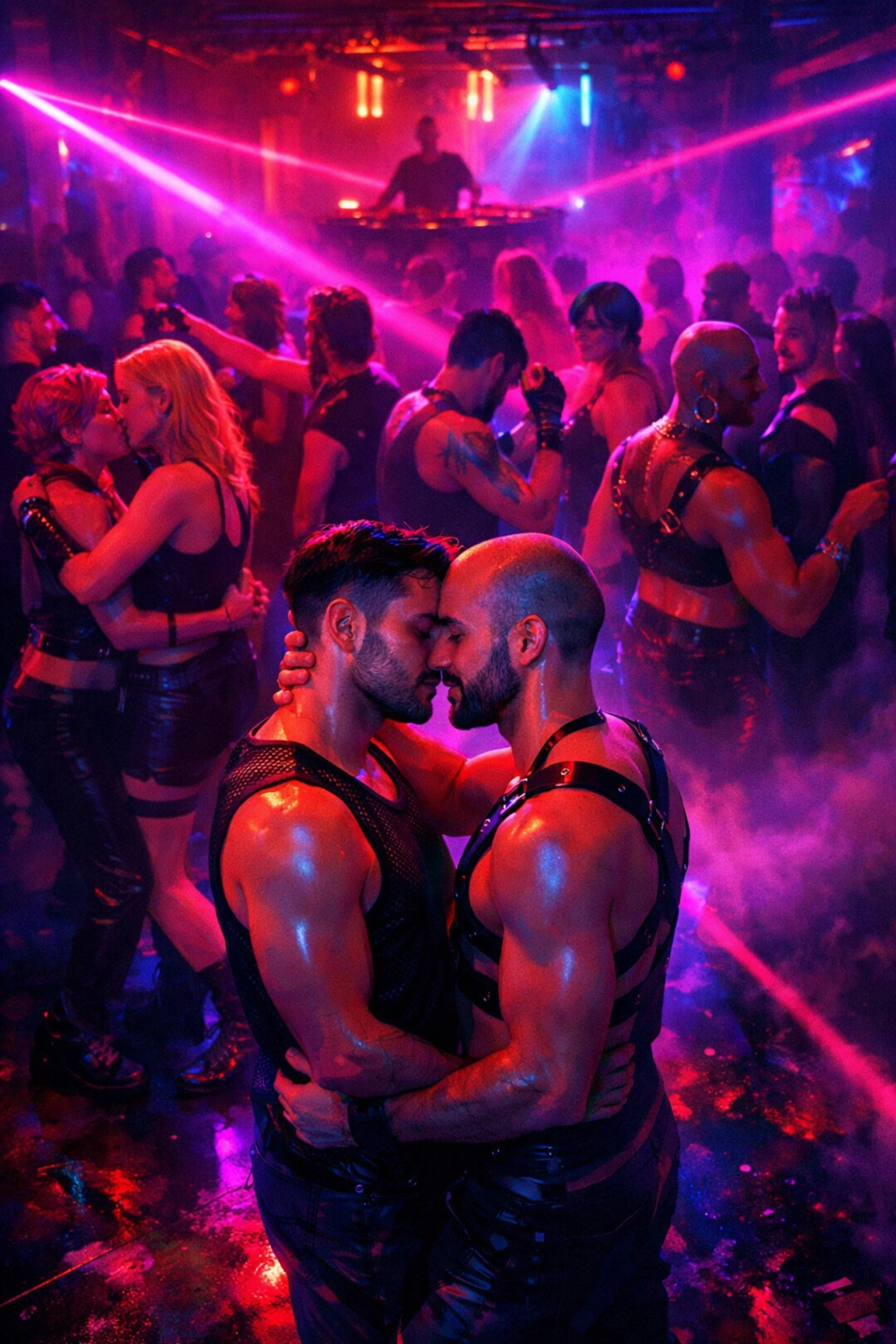 Queer men dancing at underground Berlin techno club with neon lights and liberation