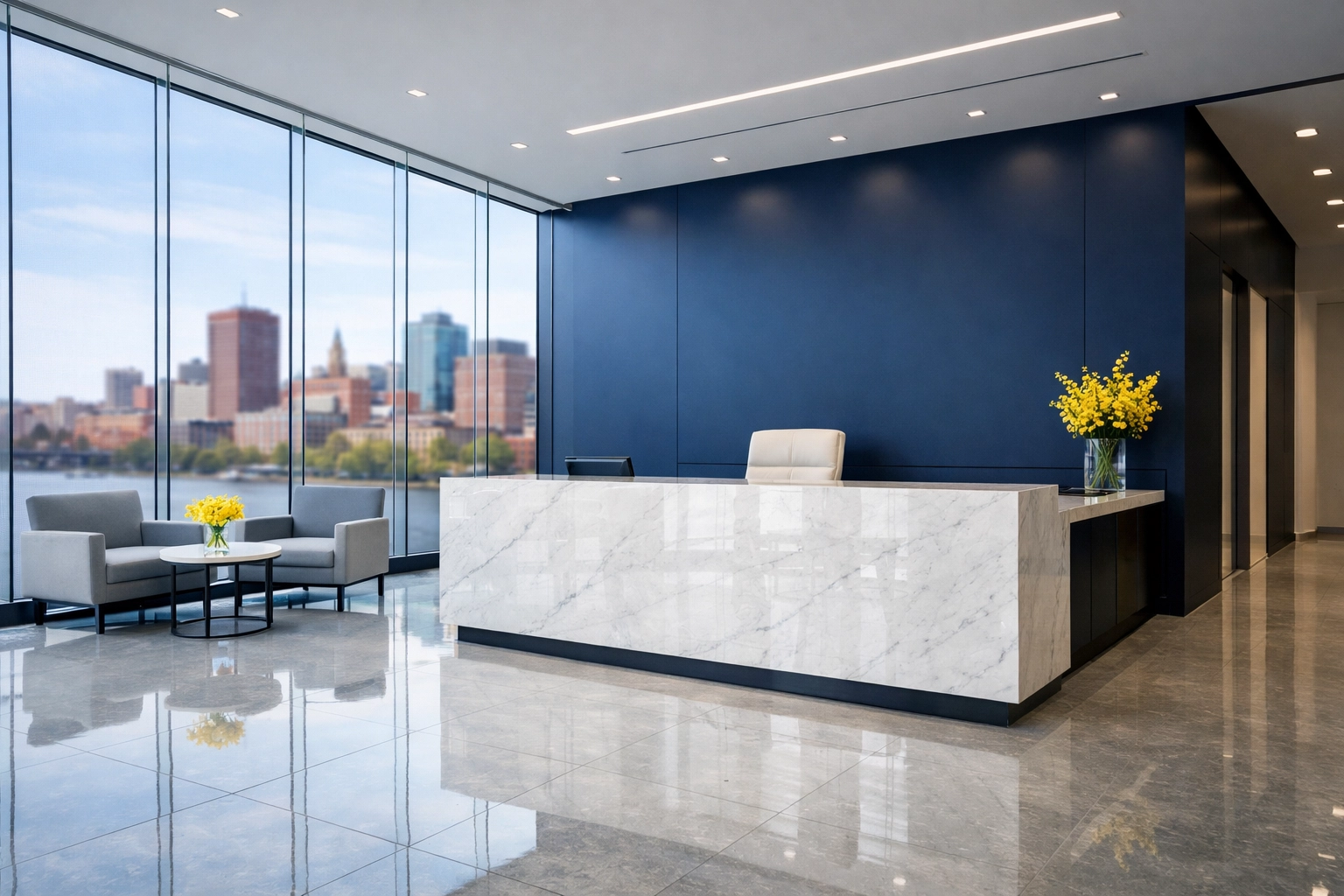 Spotless Kendall Square office lobby with polished floors maintained by professional office cleaning Cambridge.