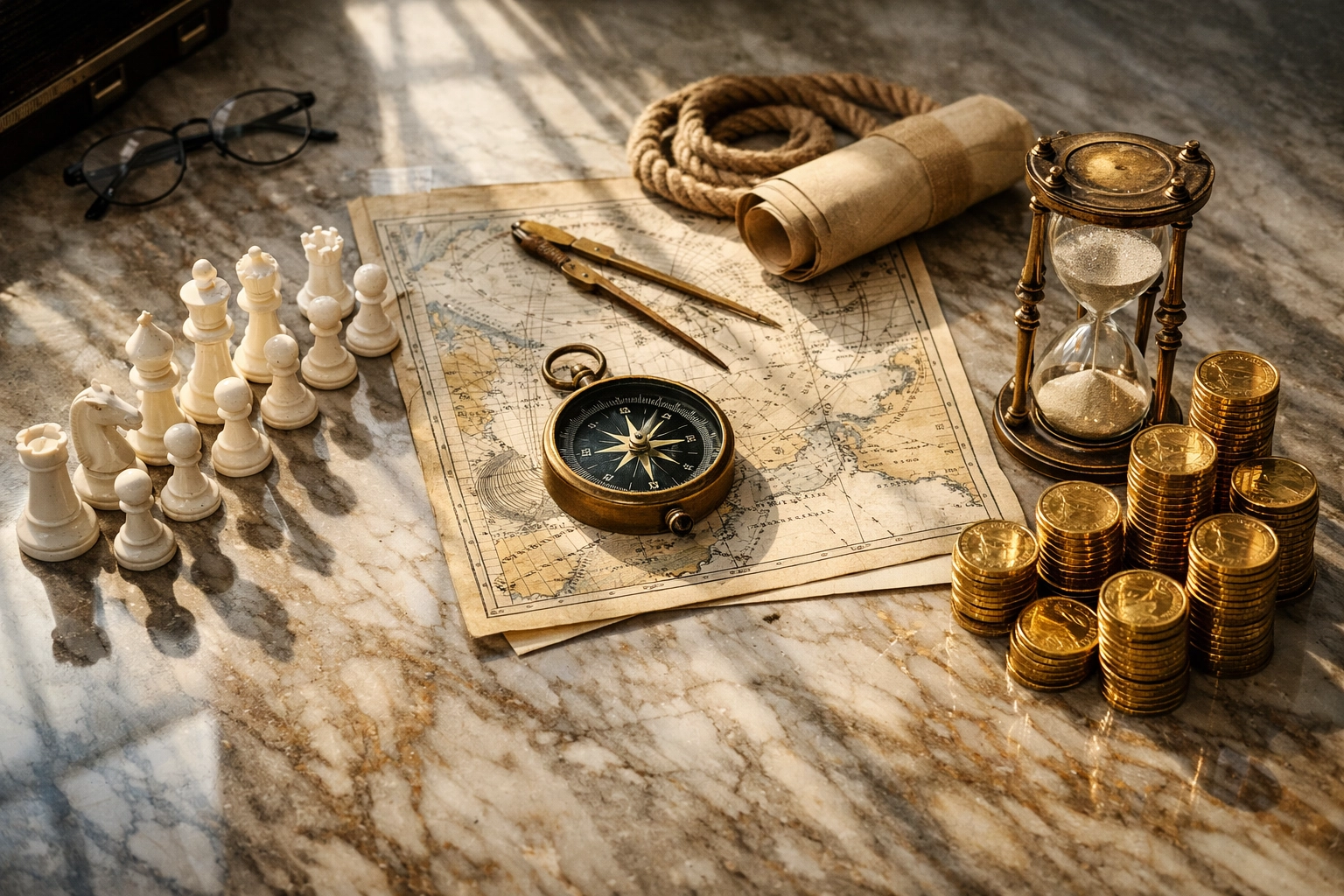 Strategic planning desk with chess pieces, compass, and gold coins representing wealth allocation decisions
