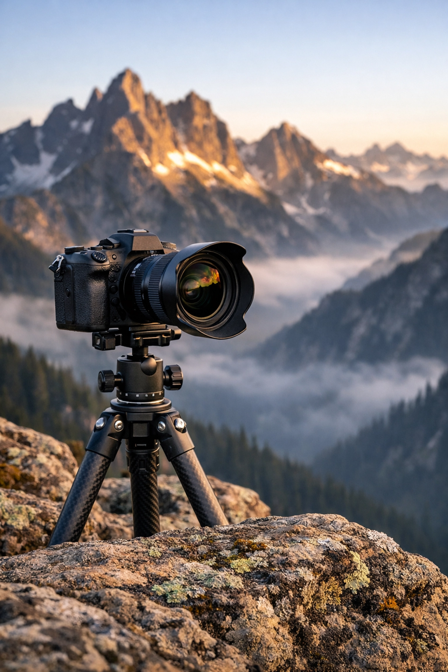 Camera on a tripod at sunrise, showcasing best photography gear for capturing misty mountain landscapes.