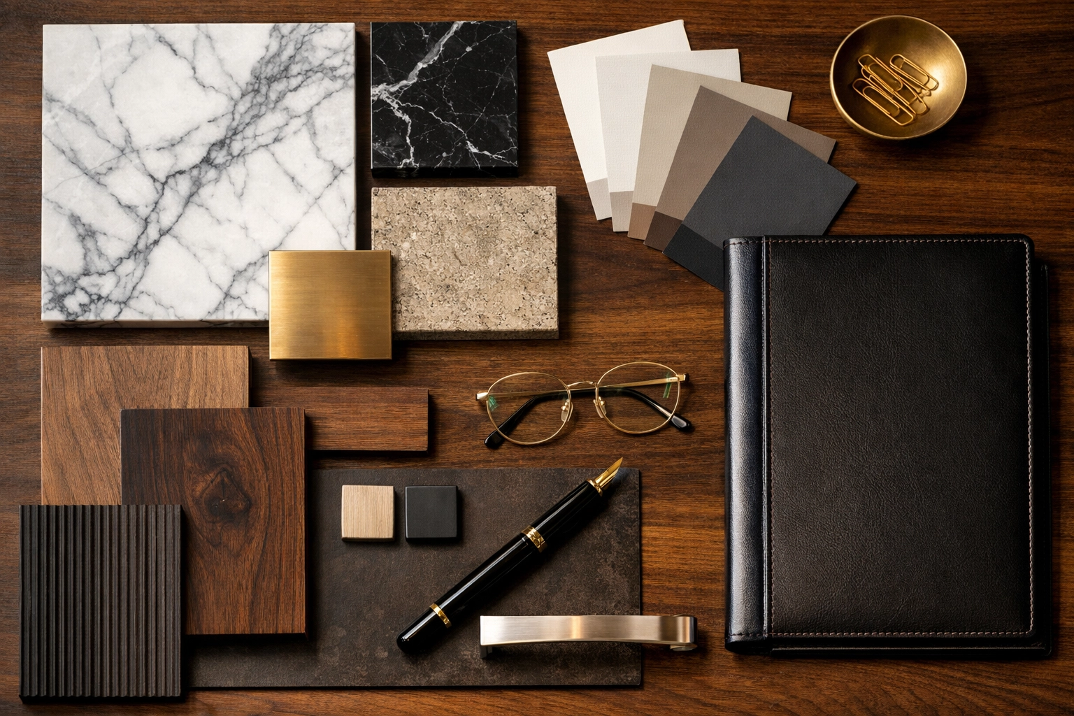 Construction project management table with premium material samples for a home renovation in West Sussex.