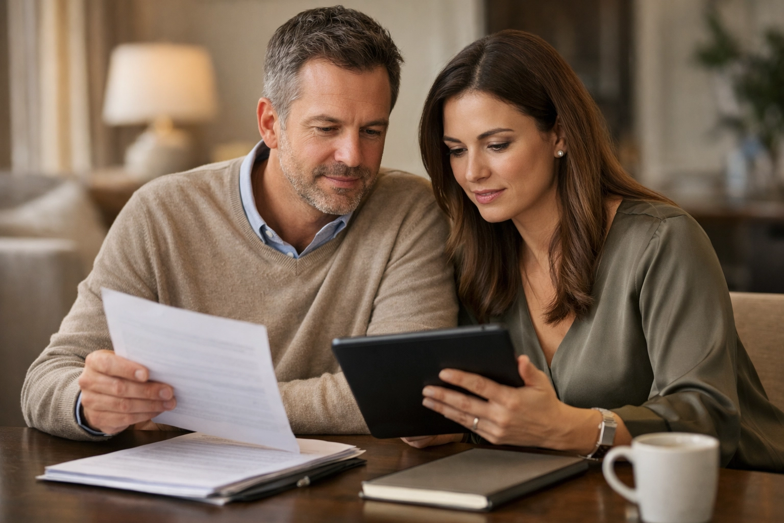 Intended Parents reviewing paperwork and a tablet while comparing surrogacy agencies