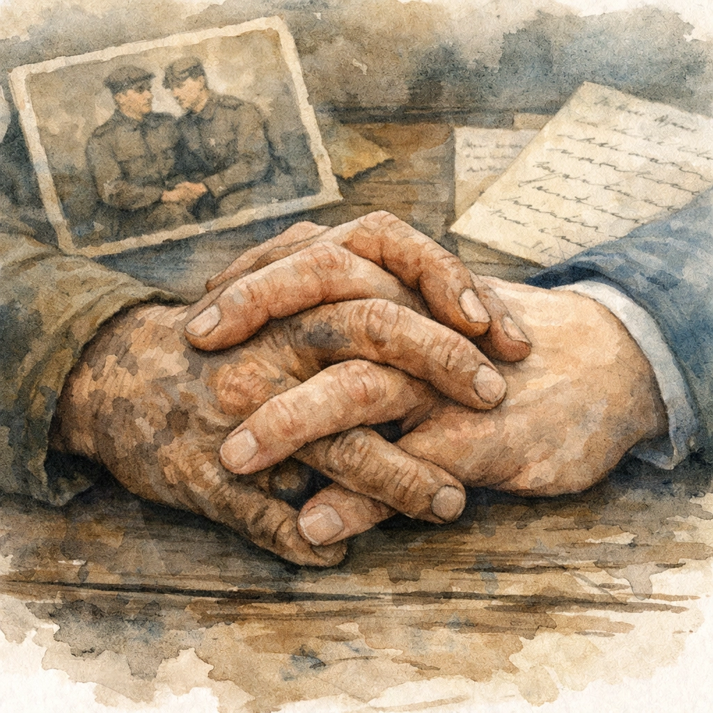 Intertwined hands of WWI soldiers with wartime letters symbolizing hidden gay romance