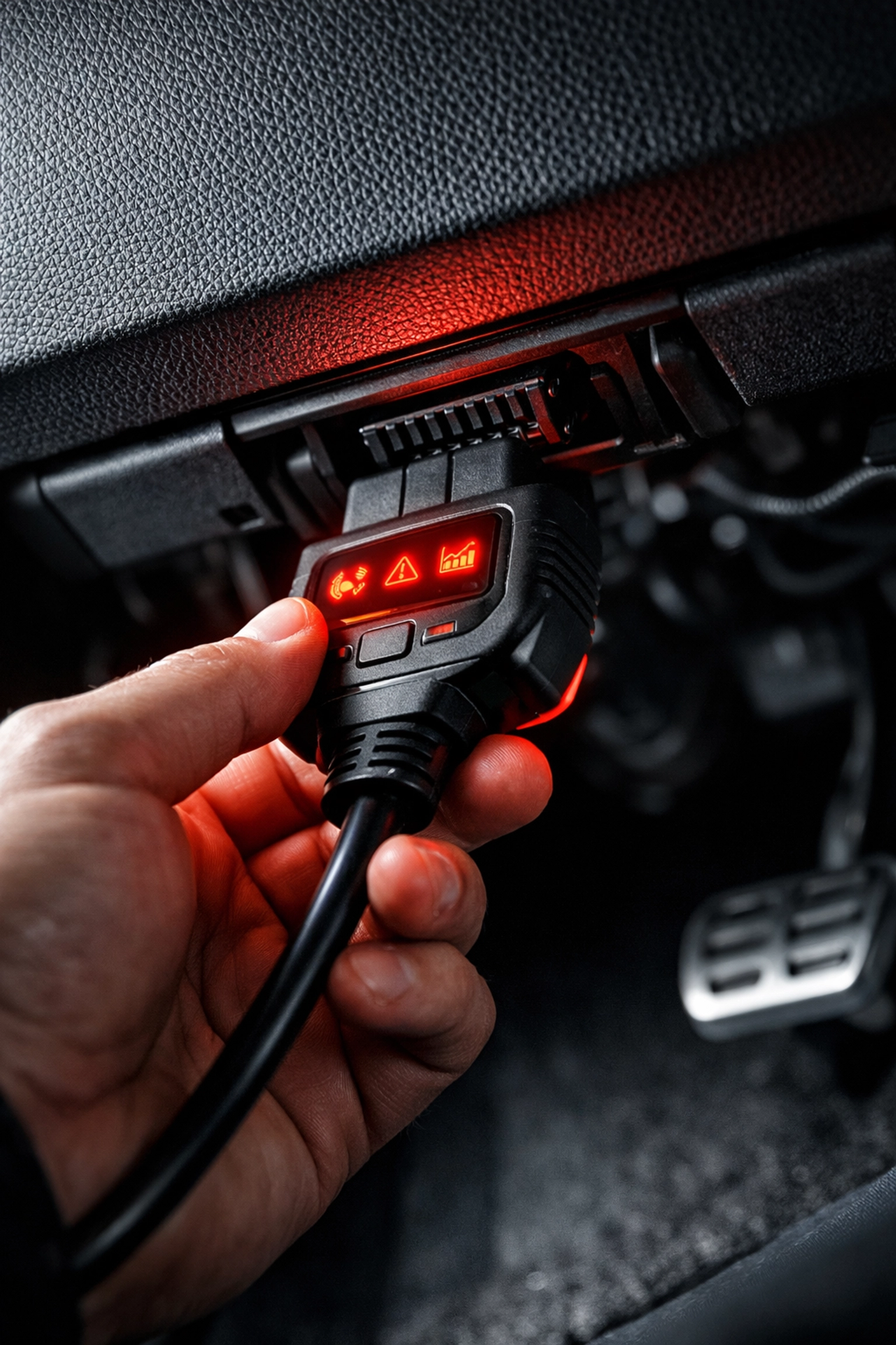Professional technician connecting an OBD2 diagnostic scanner to a vehicle's onboard computer port.