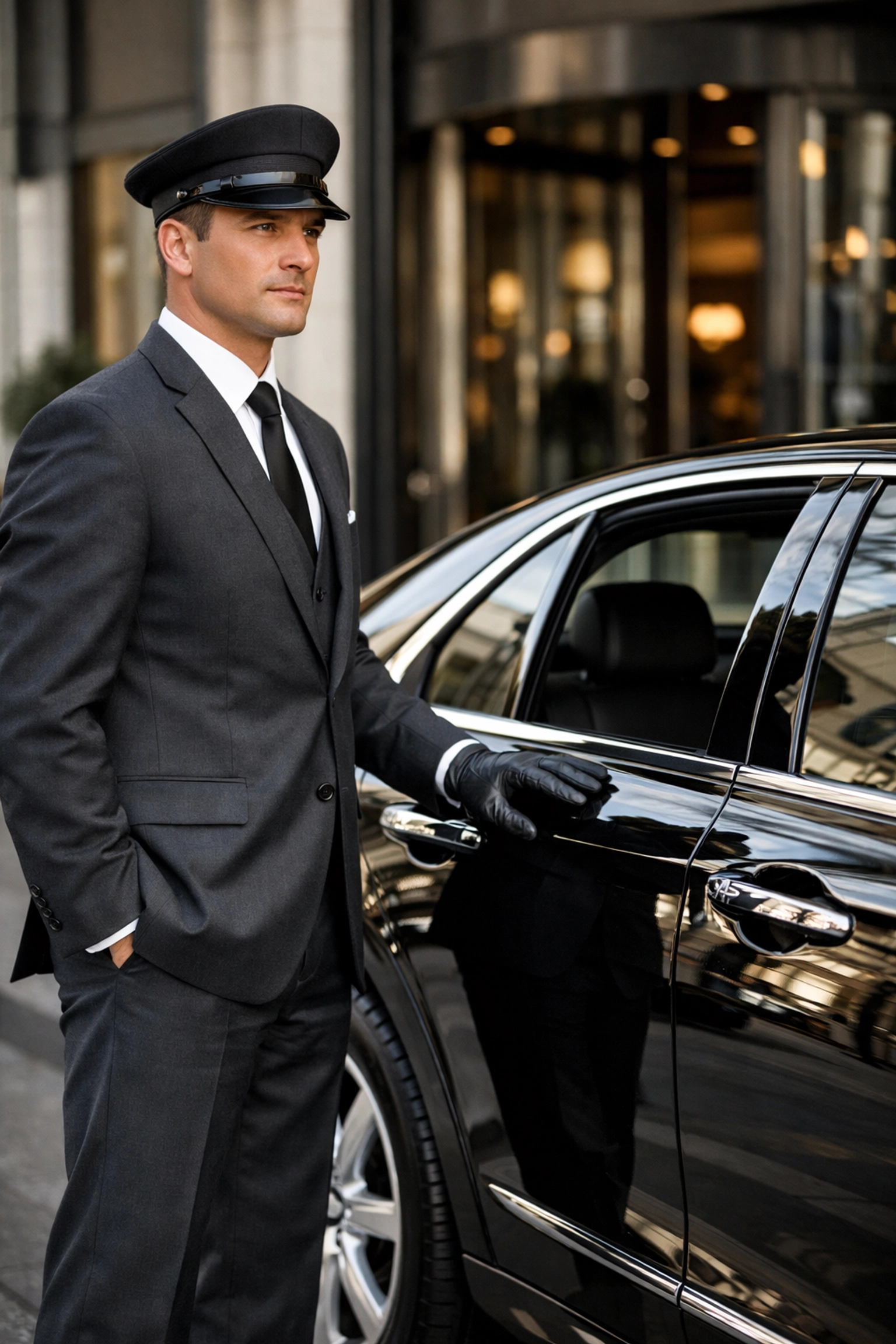 Professional chauffeur in a suit standing by a luxury black sedan for executive transportation.