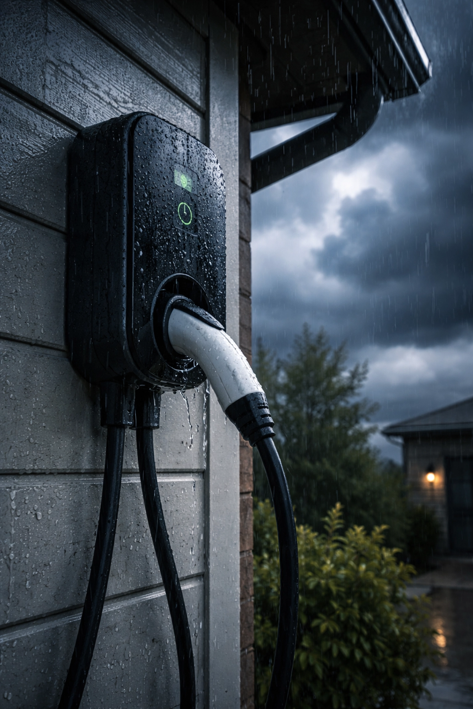 Outdoor Level 2 EV charger exposed to heavy rain, showing need for weather-resistant power protection