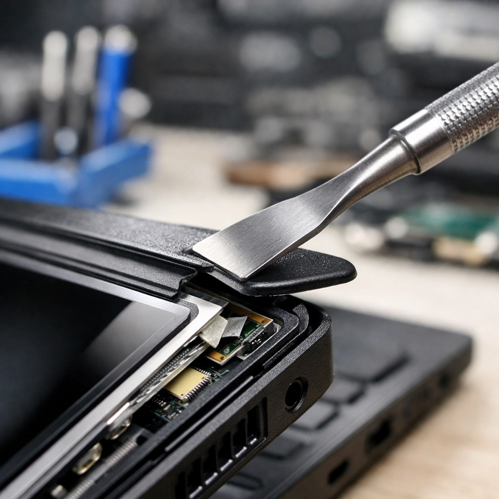 Detailed close-up of a professional technician performing a laptop screen repair in an organized service shop.