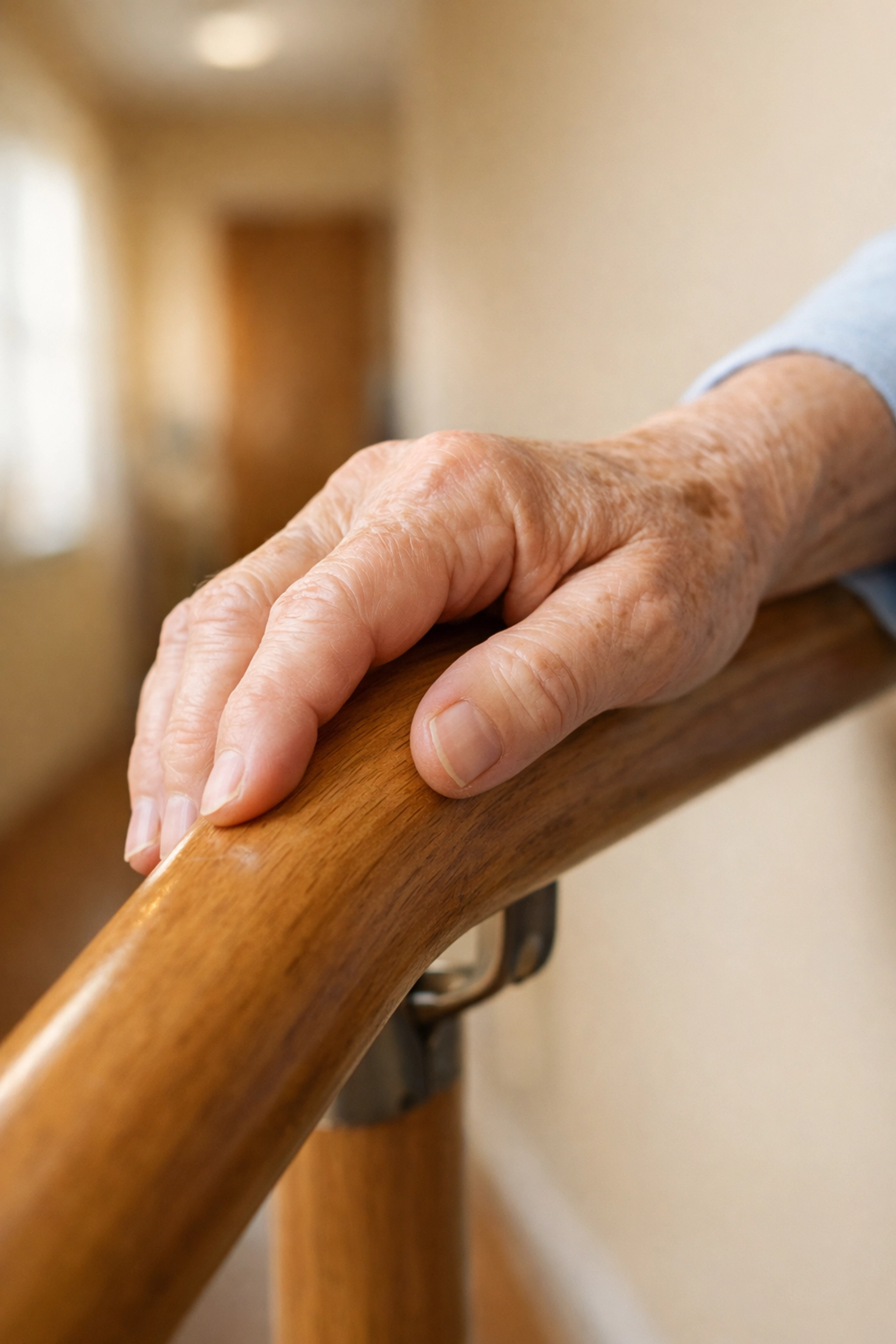 Senior hand gripping a circular wooden stair handrail for stability and fall prevention.