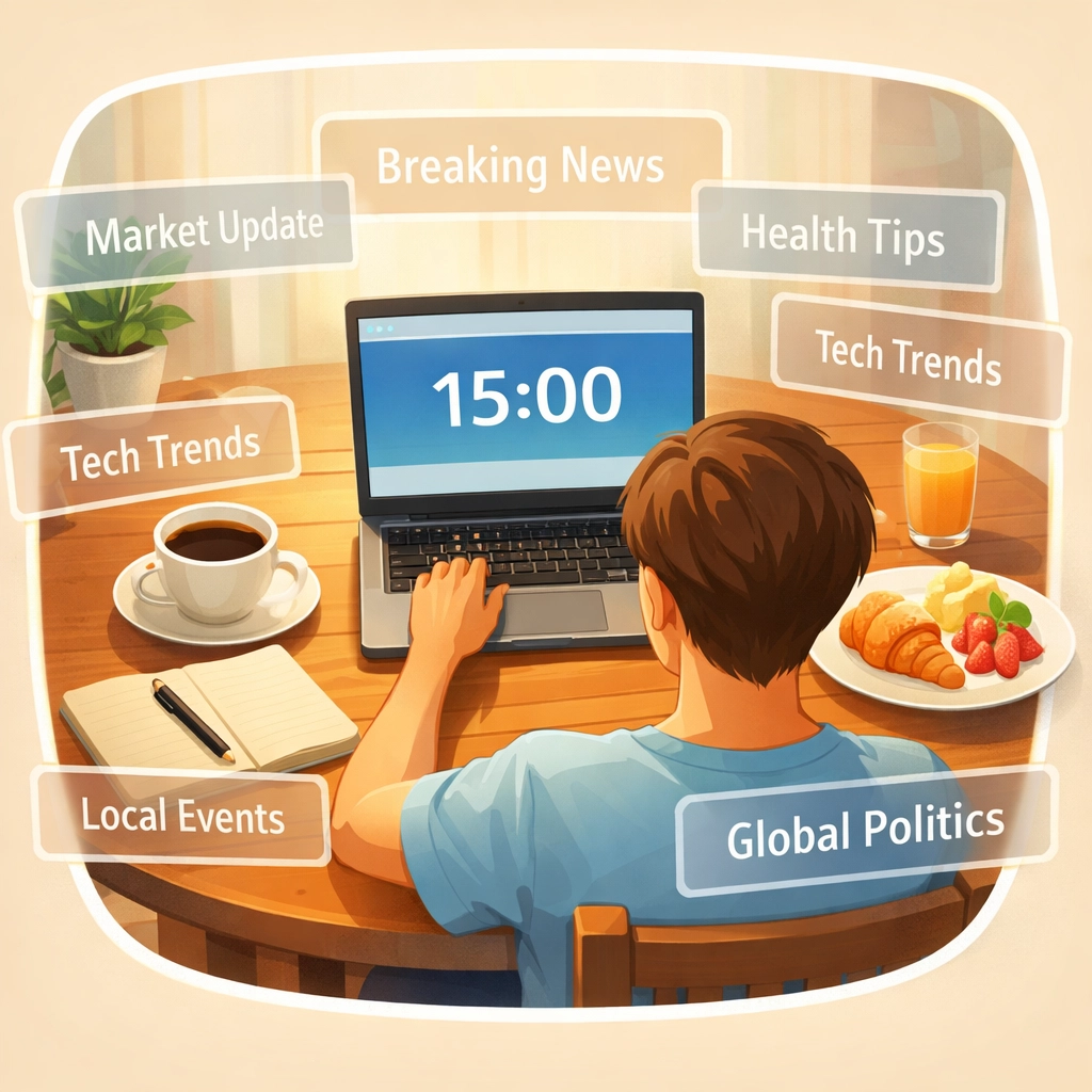 Person calmly consuming news at breakfast with timer showing controlled information intake