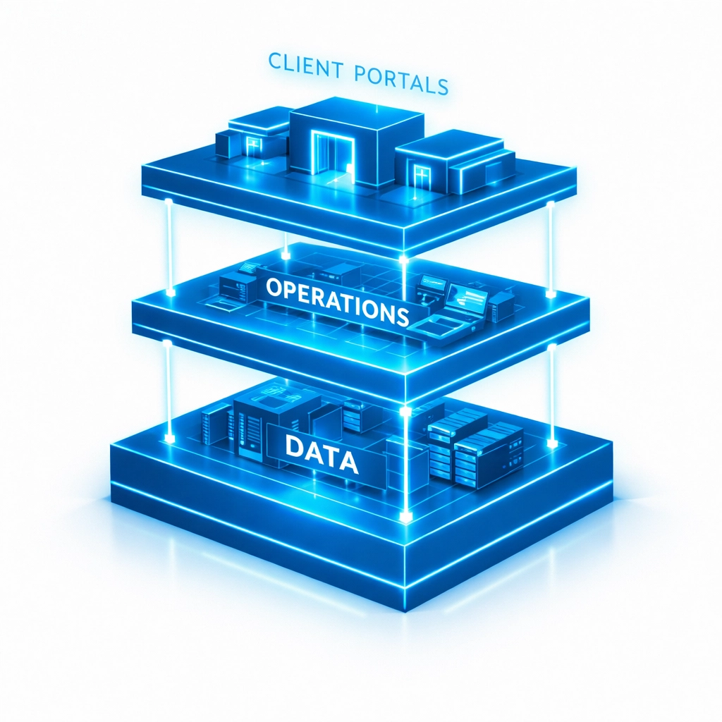 Blue architectural layers illustrating custom business software and integrated web application infrastructure.