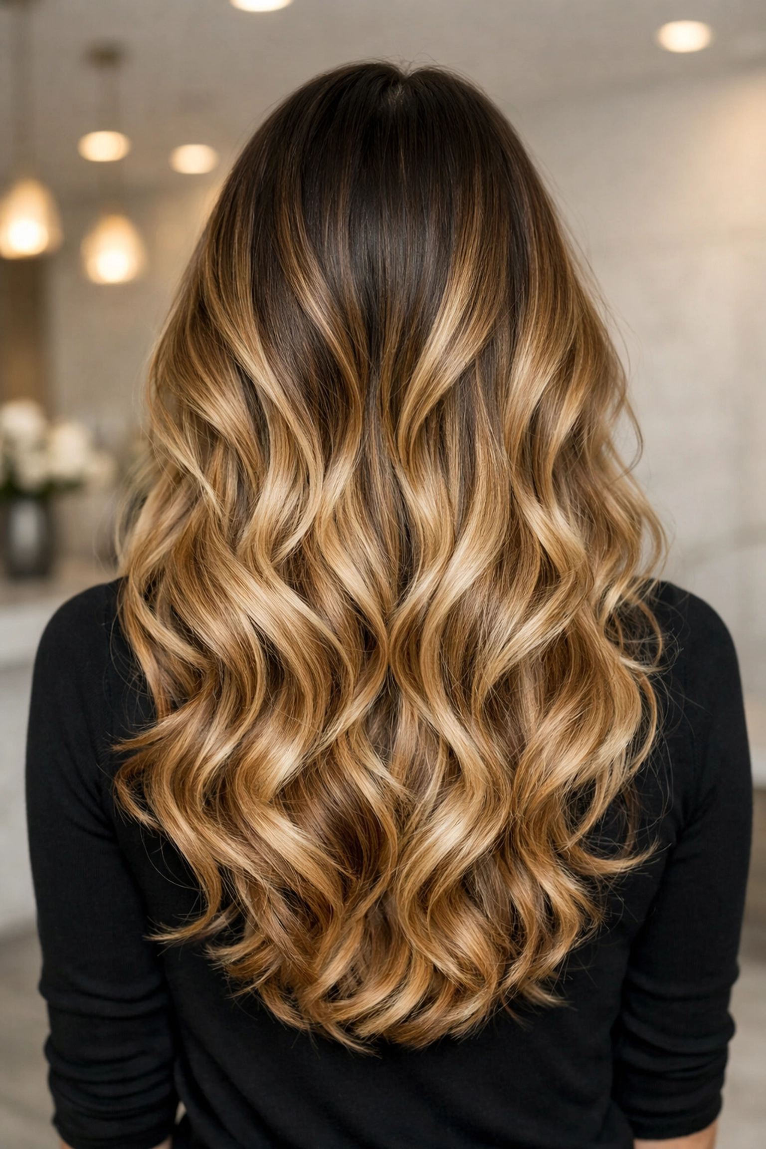 Stunning caramel and champagne balayage transformation at our expert hair color salon in Concord NH.