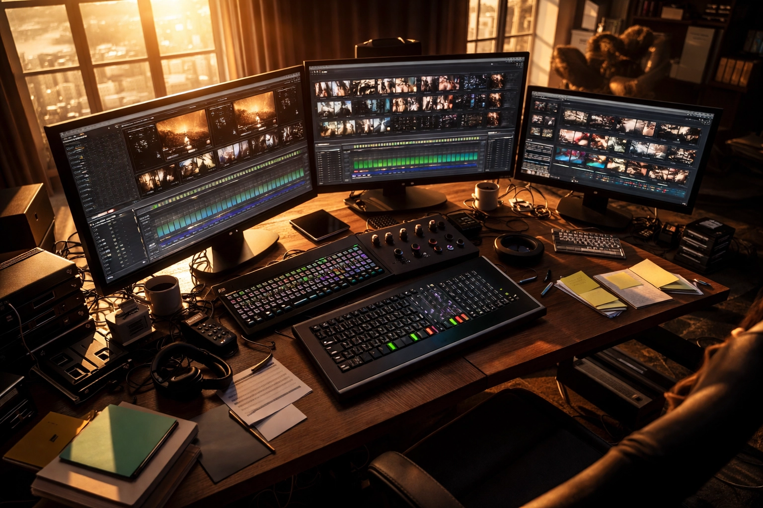 Video editing suite with screens displaying multiple video projects, representing efficient post-production