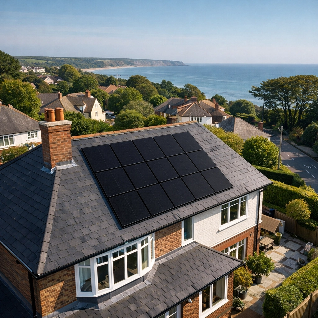 Sleek all-black solar panel installation on a traditional UK detached house roof in South England.