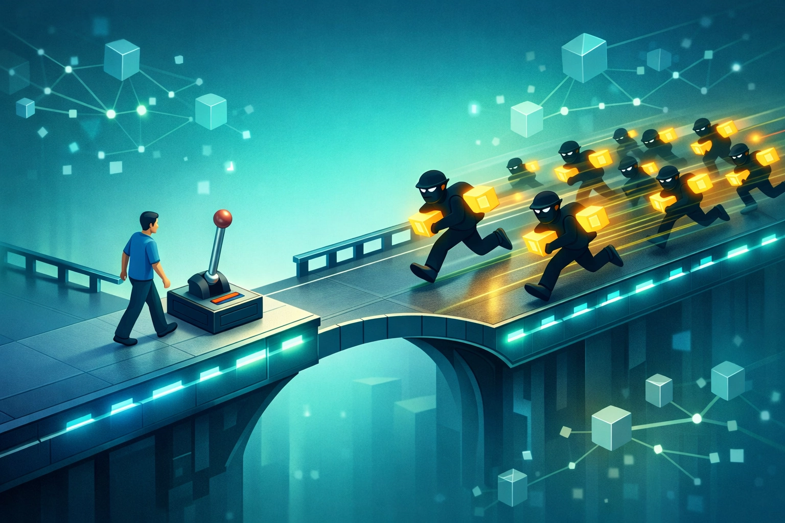 Comparison of fast automated ransomware attacks vs slow manual cybersecurity response on a digital data bridge.