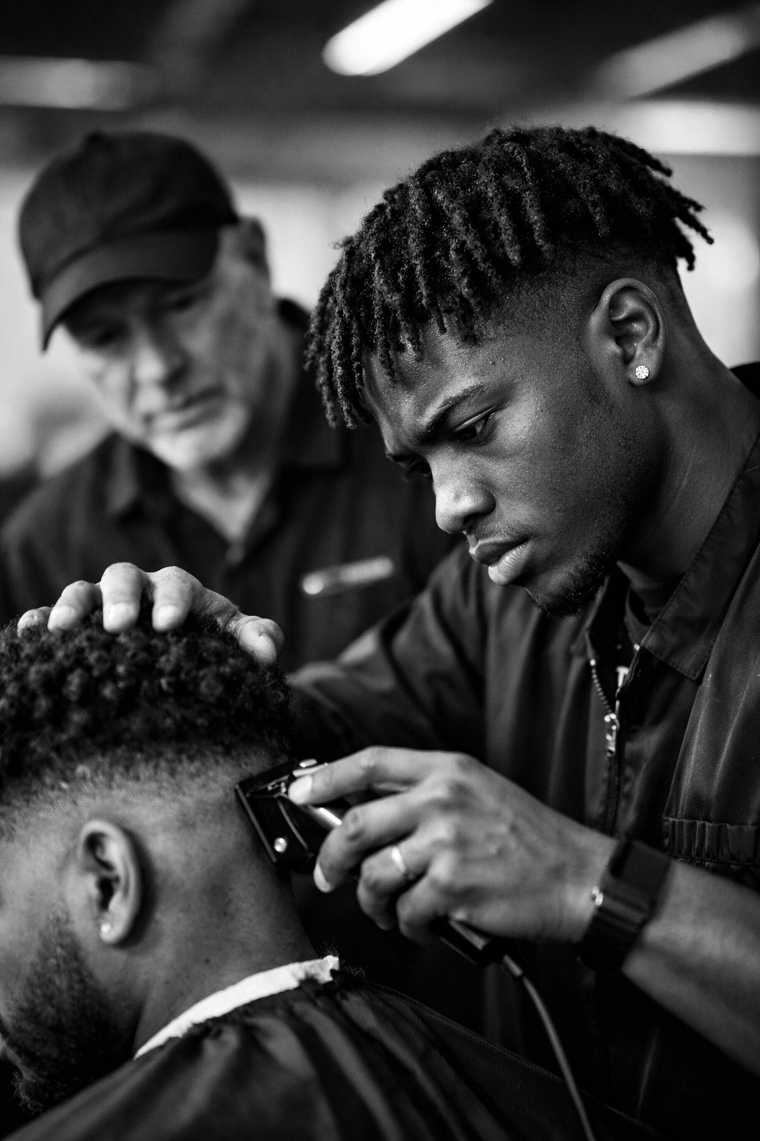 Barber student performing a fade on textured hair under supervision at X-Quisie Cutz School of Barbering.