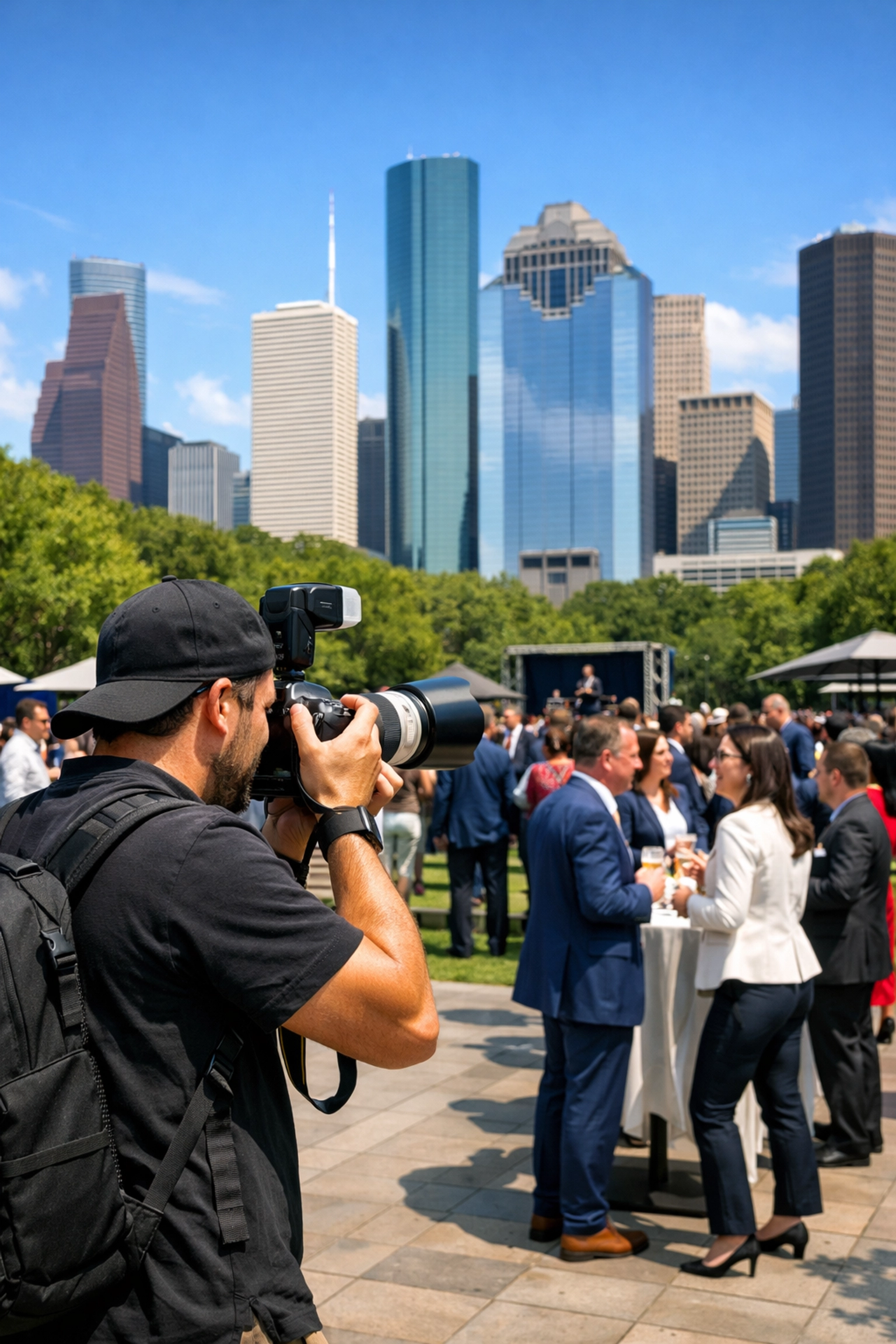 Professional event photographer capturing a corporate gathering in front of the Houston skyline.