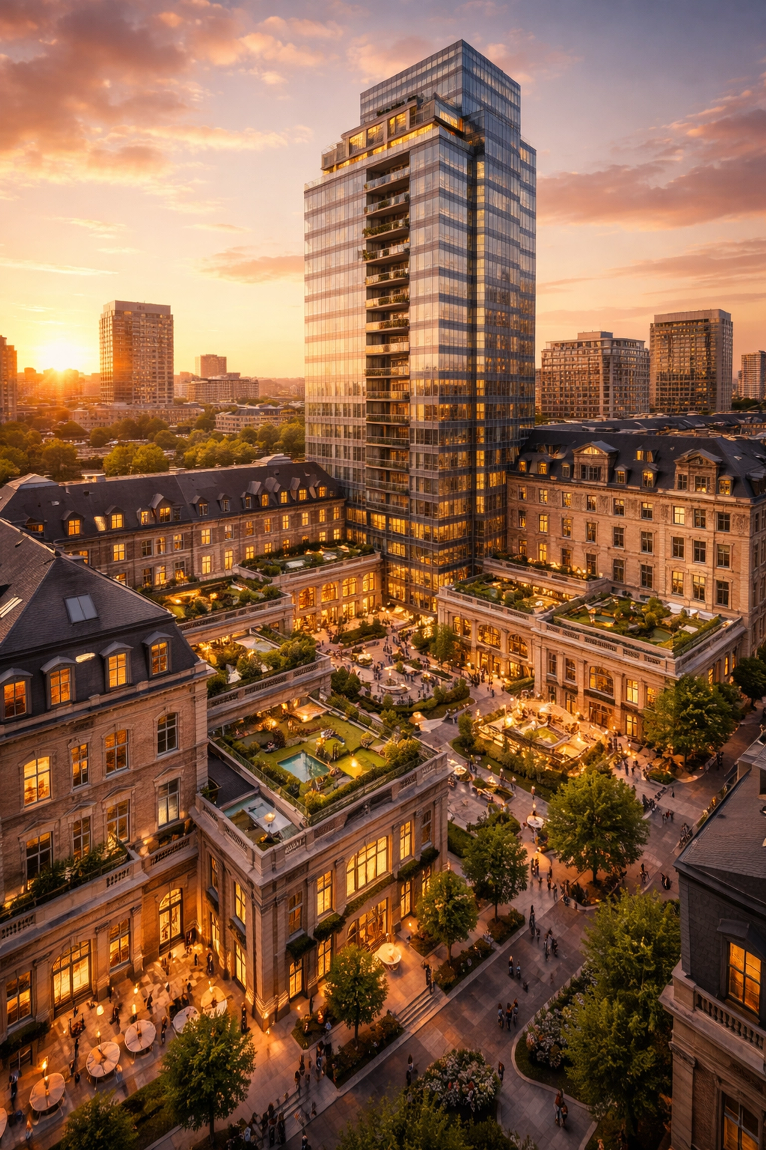 Luxury real estate development with modern towers and historic buildings, highlighting syndicated real estate opportunities for accredited investors.