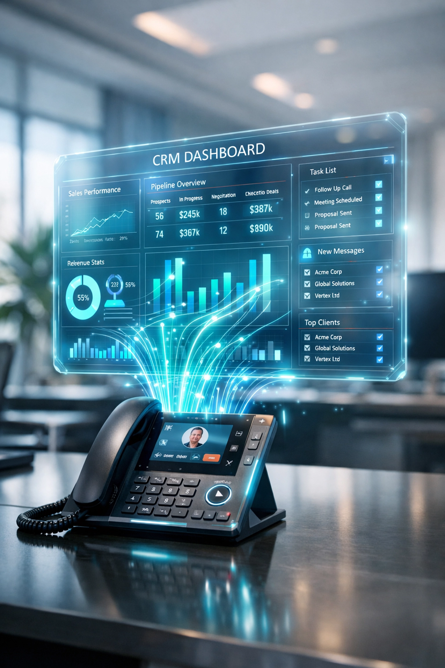 Illustration of real-time data integration between a business CRM and a Cloud PBX phone system.