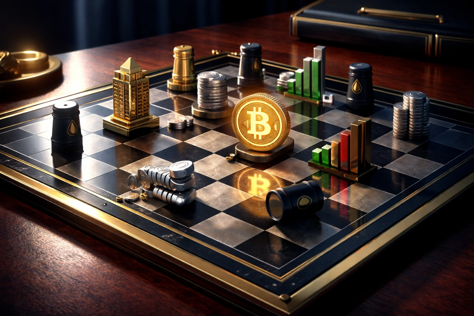 Portfolio diversification illustrated by chess pieces representing asset classes like real estate, bonds, bitcoin, and stocks.