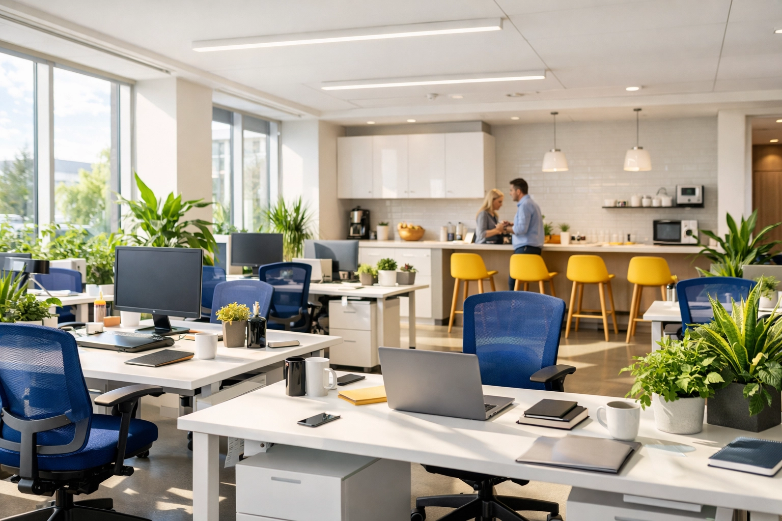 Clean, sun-drenched open-plan office in Bellingham promoting a healthy and productive work environment.
