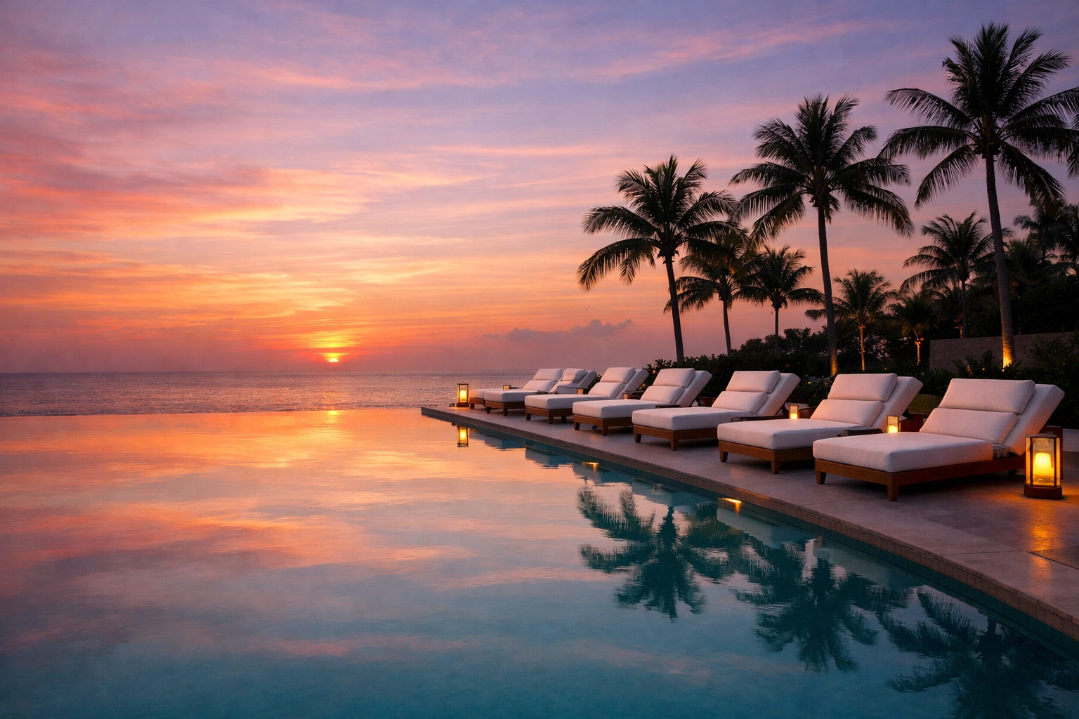 Adults-only infinity pool at sunset at peaceful all-inclusive resort