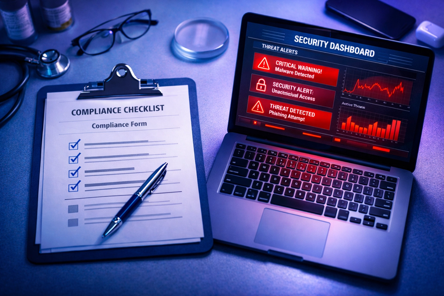 HIPAA compliance checklist next to laptop showing real-time cybersecurity alerts for healthcare business