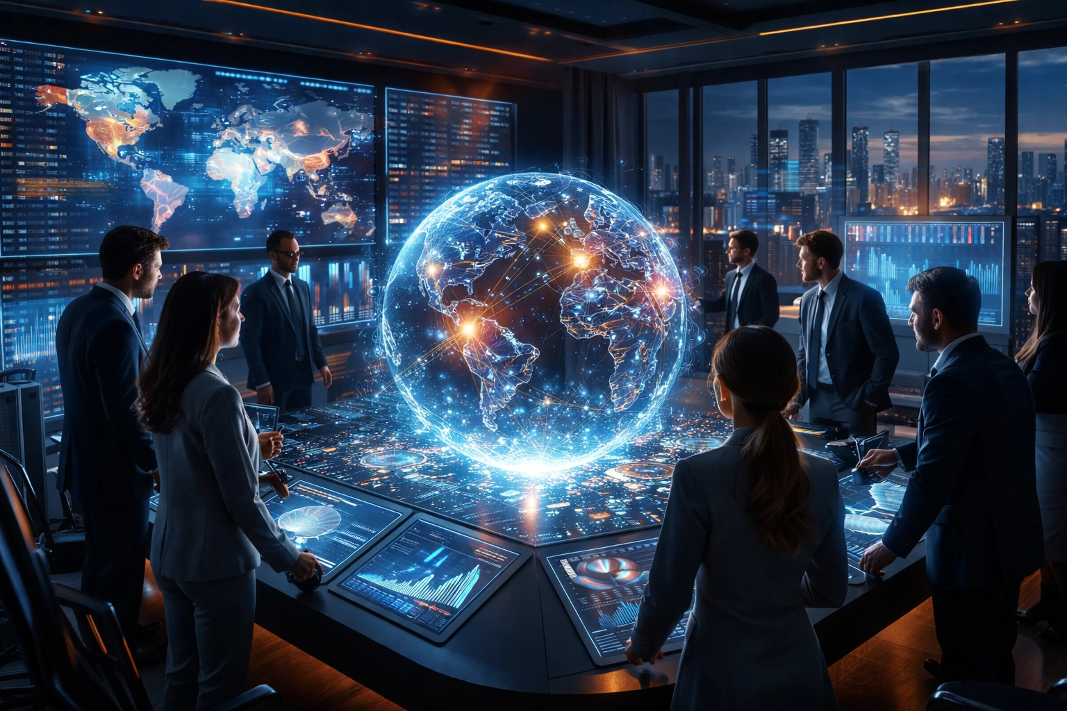 Executive war room with data screens and a team analyzing global financial risks, depicting institutional risk management.