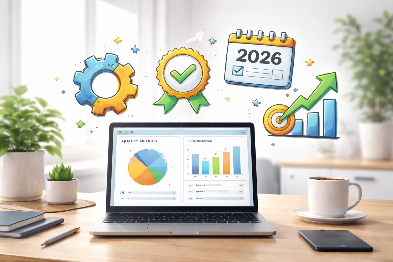 Modern office desk with laptop displaying quality management charts, symbolizing ISO 9001:2026 changes for small businesses