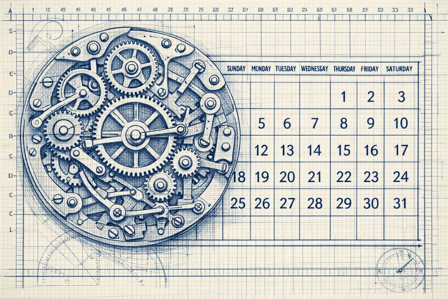 Diagram of a precision clockwork calendar showing automated appointment setting and sales meeting synchronization.