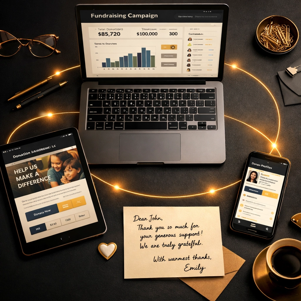 Connected devices managing charity fundraising campaigns and donor databases