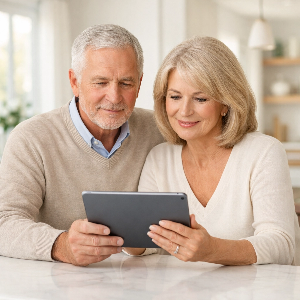 Senior couple reviewing 2026 tax brackets and deductions on a digital tablet at home.