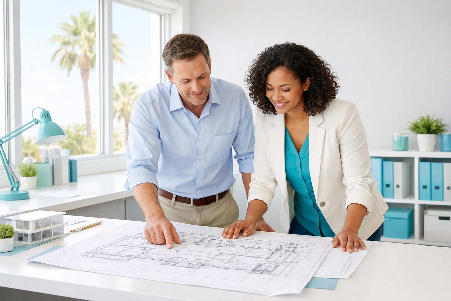 Florida building permit expediting professionals reviewing blueprints for plan review in a modern office.