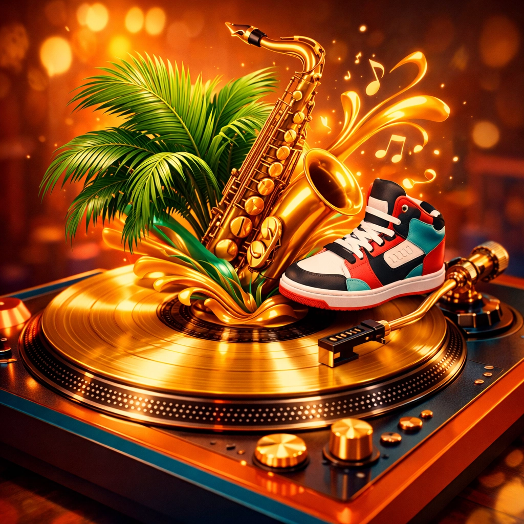 Spinning gold vinyl record highlighting the blend of soul, funk, and bossa nova music styles.