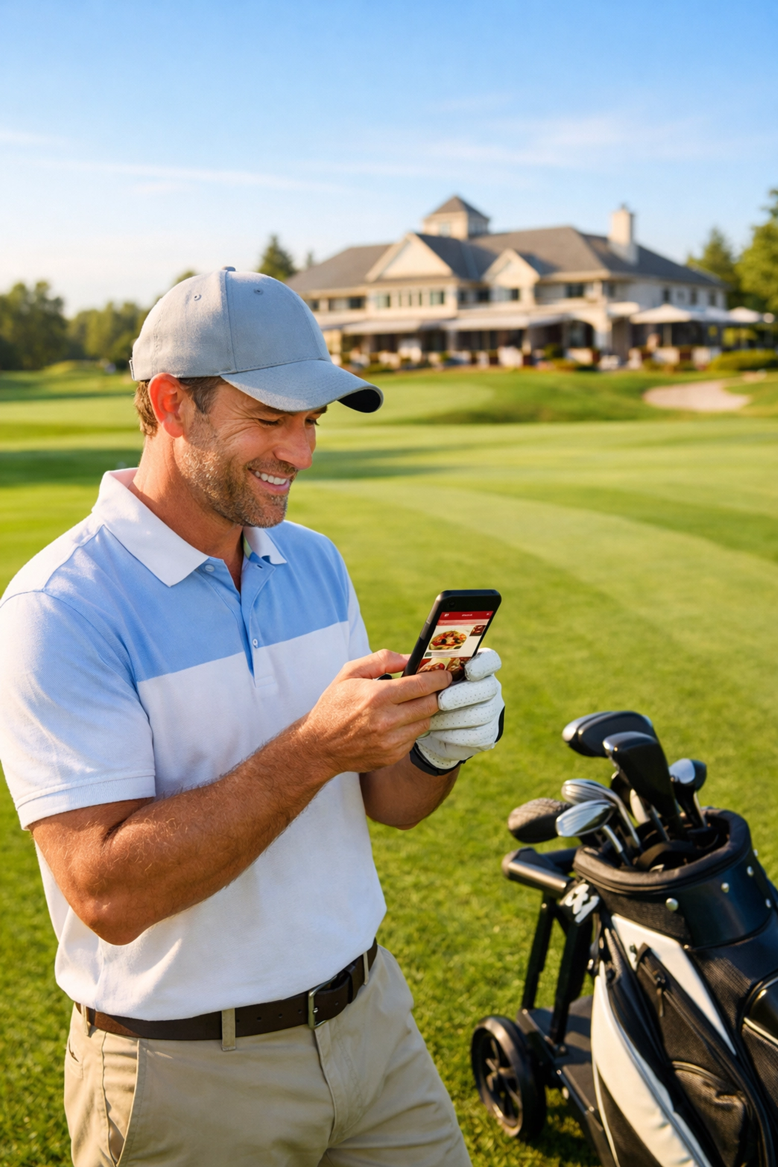 Golf club member using mobile ordering app on smartphone while on the course