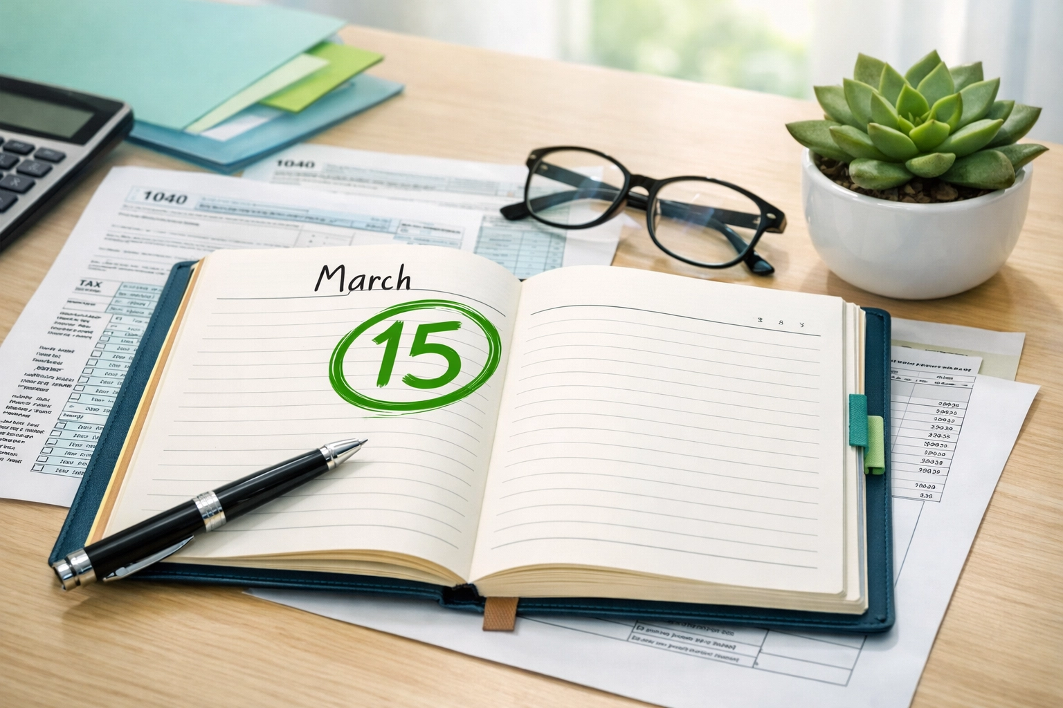 March 15th S-Corp election deadline circled on calendar with tax planning documents