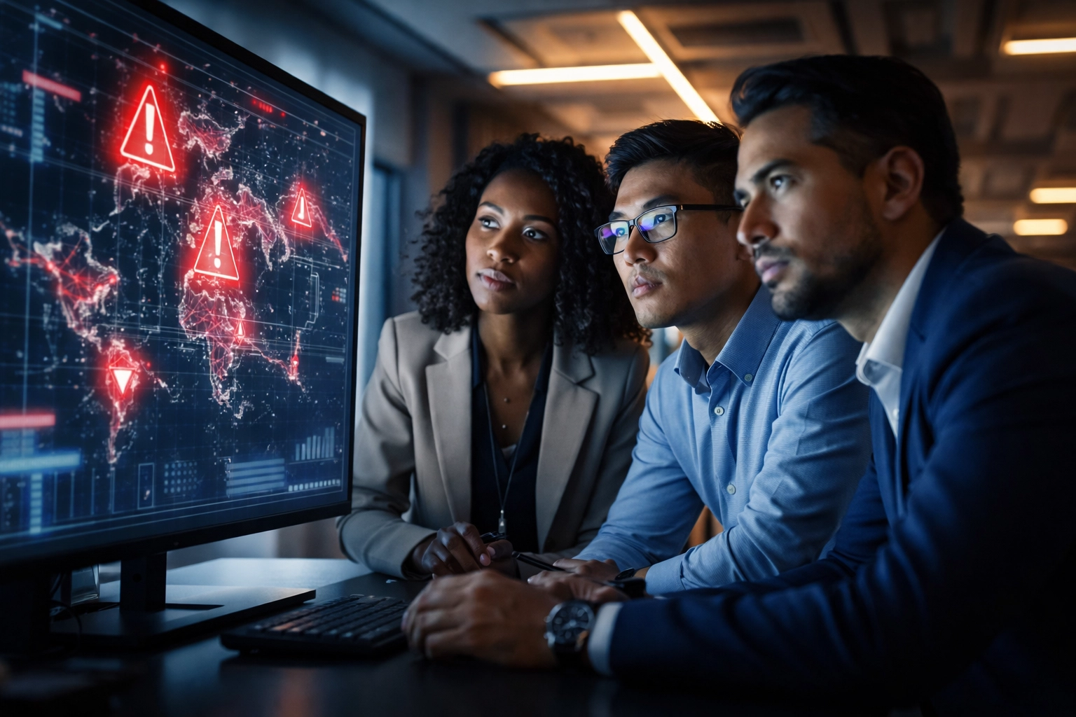 Cybersecurity team analyzing financial app security threats on digital monitoring screen