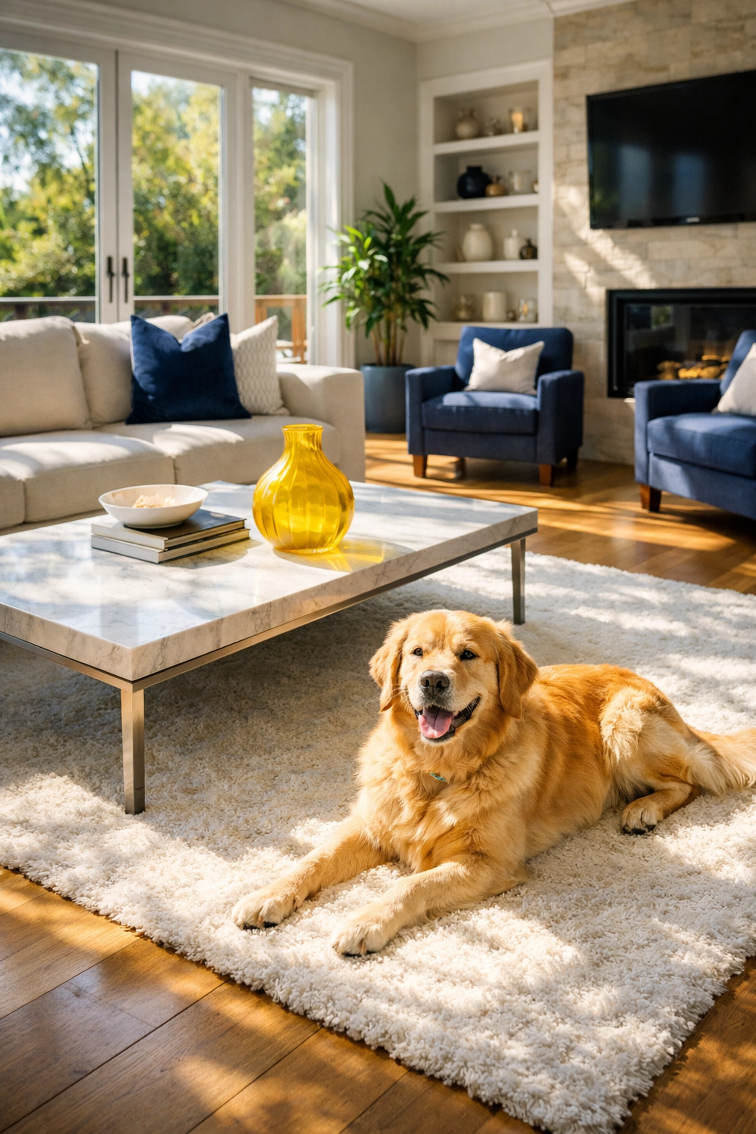 Pet-friendly living room after eco-friendly house cleaning Natick MA for a safe and healthy home environment.