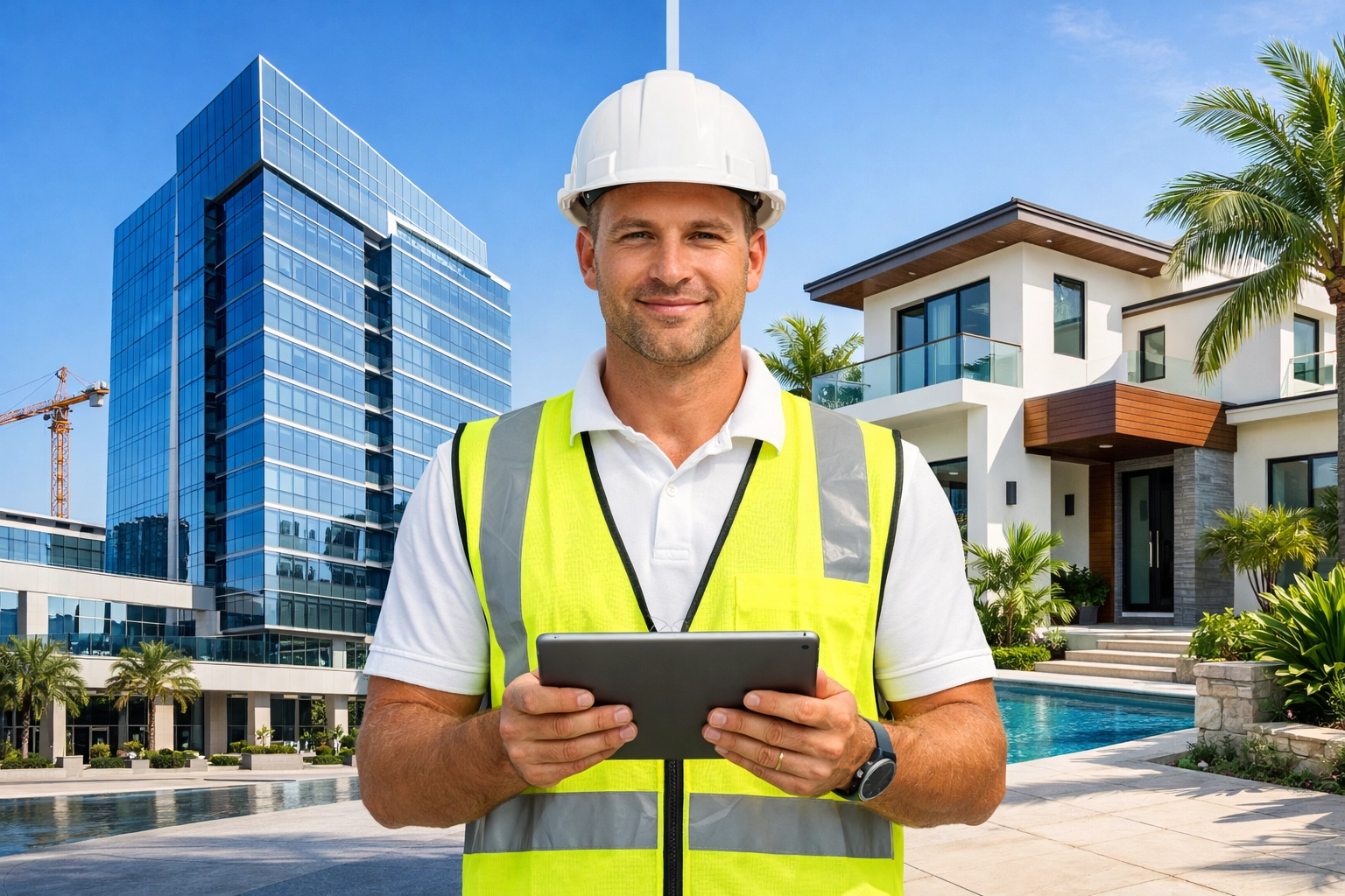 Professional coordinating Florida commercial building permits and residential permit services on a digital tablet.