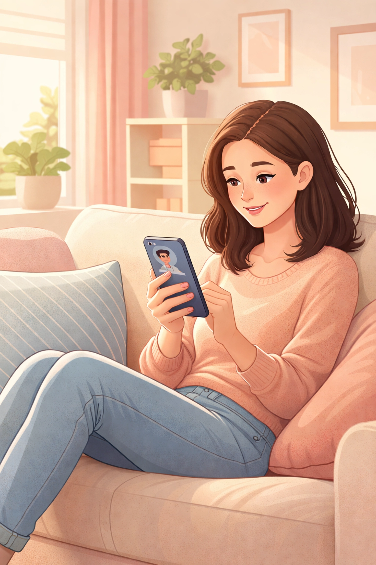 Woman using smartphone to get BV treatment online through private text-based doctor consultation from home