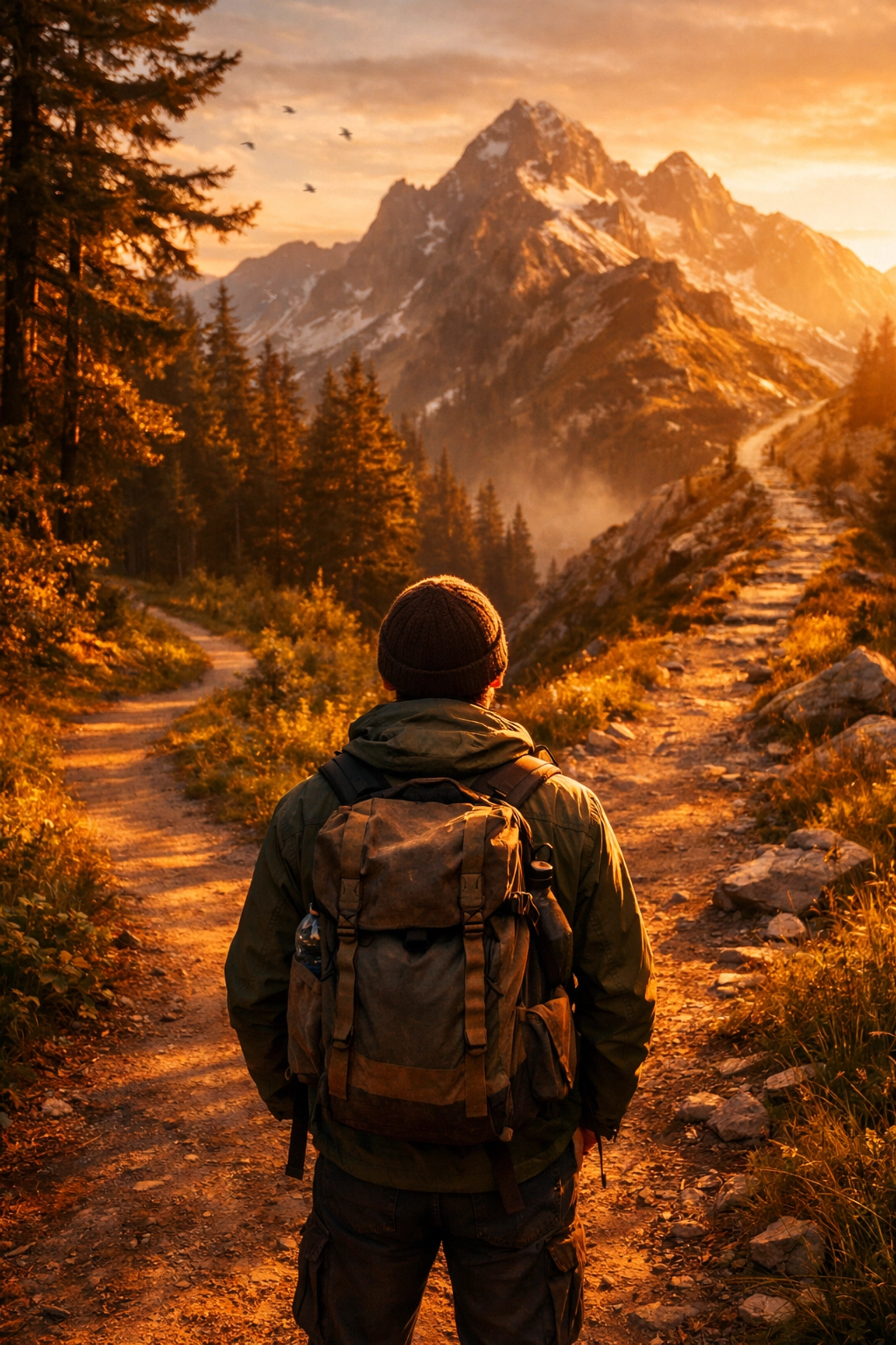 Person at crossroads choosing between comfortable path and challenging mountain trail