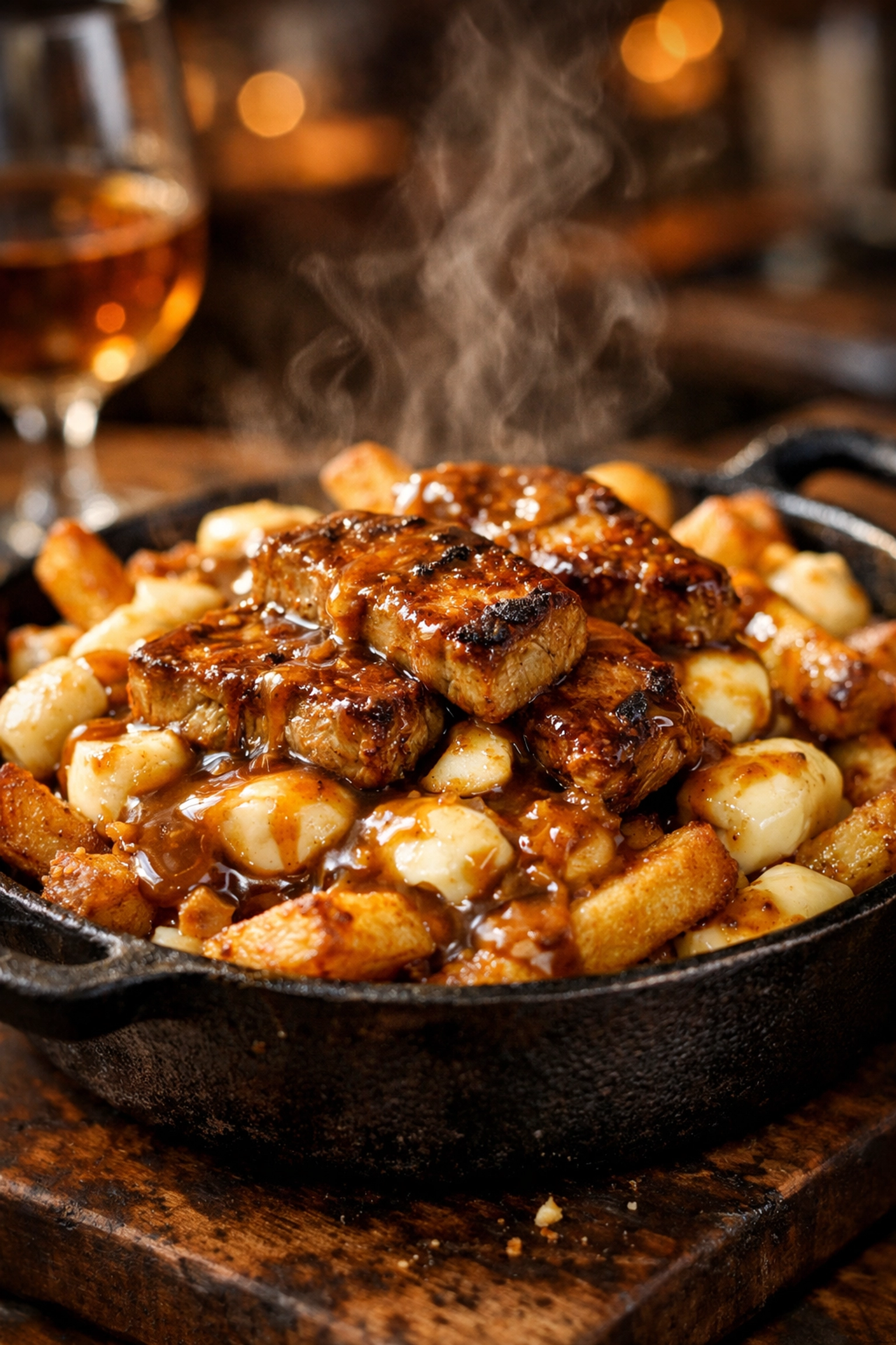 A decadent foie gras poutine in a rustic dish at a cozy Montreal bistro.