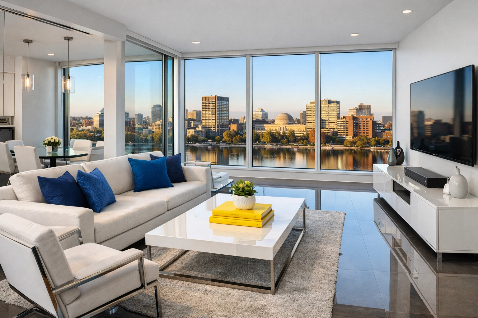 Modern Kendall Square condo with polished floors after a visit from house cleaning Cambridge MA professionals.