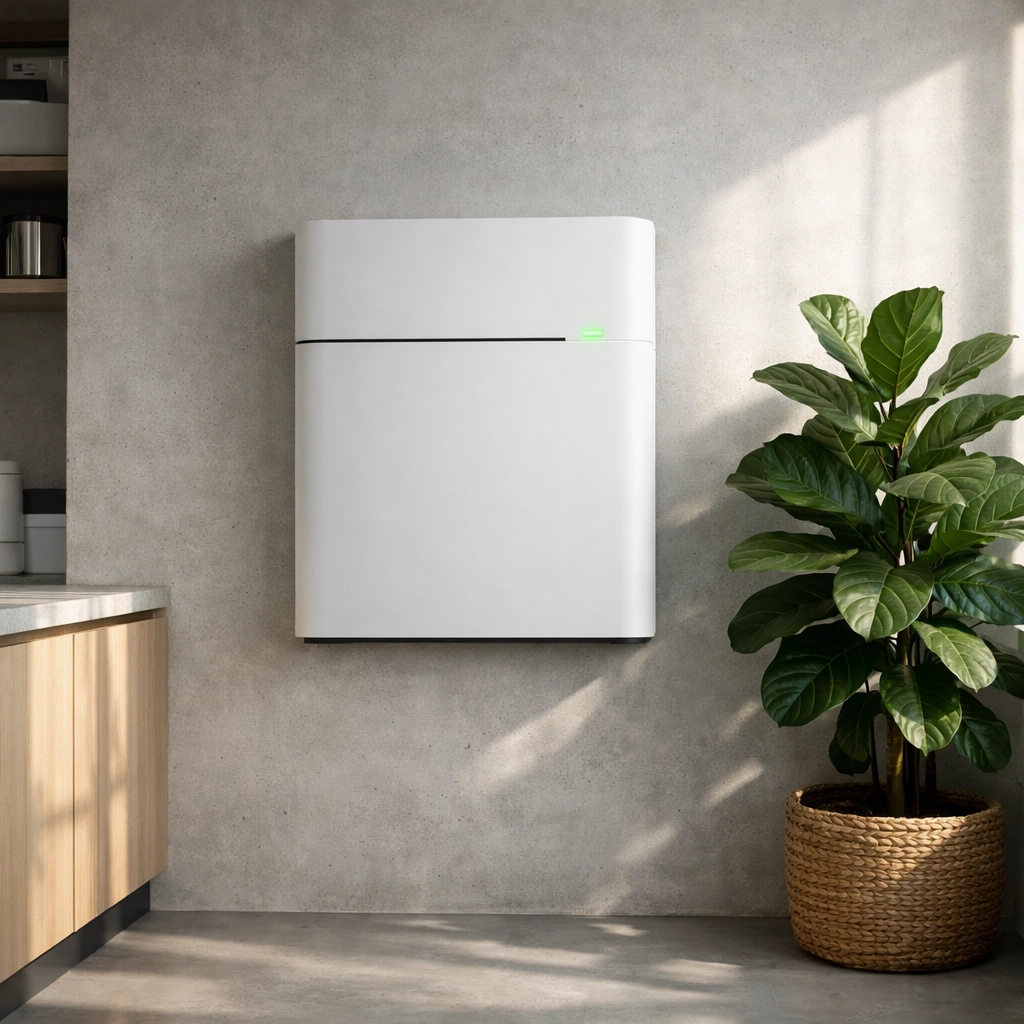 A wall-mounted solar battery storage unit providing clean energy for a home in Poole.