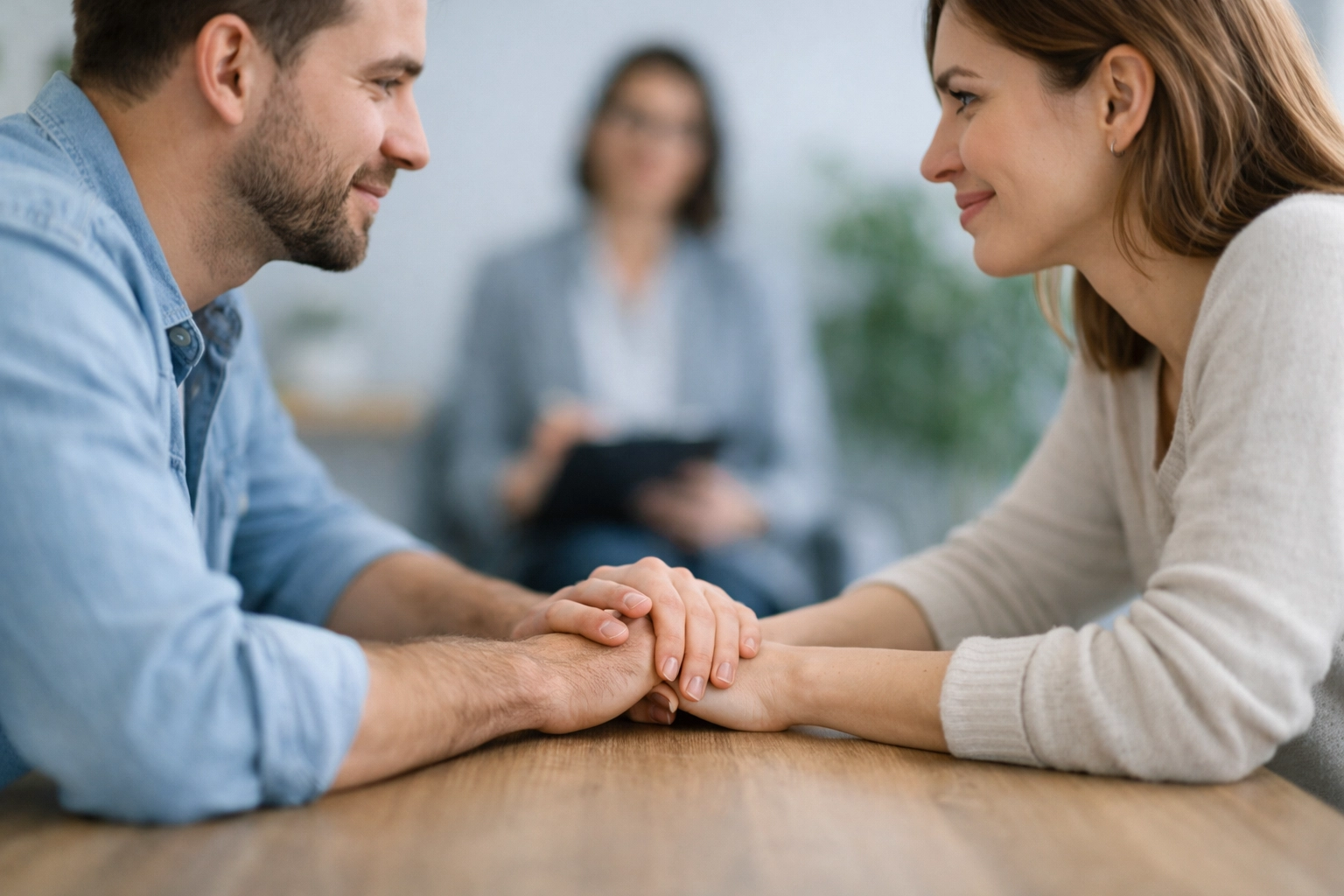 A couple in a therapy session leaning toward each other to practice structured relationship repair.