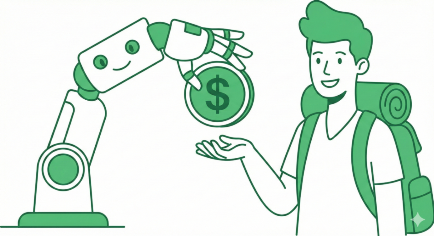 AI-powered robot arm handing a coin to traveler