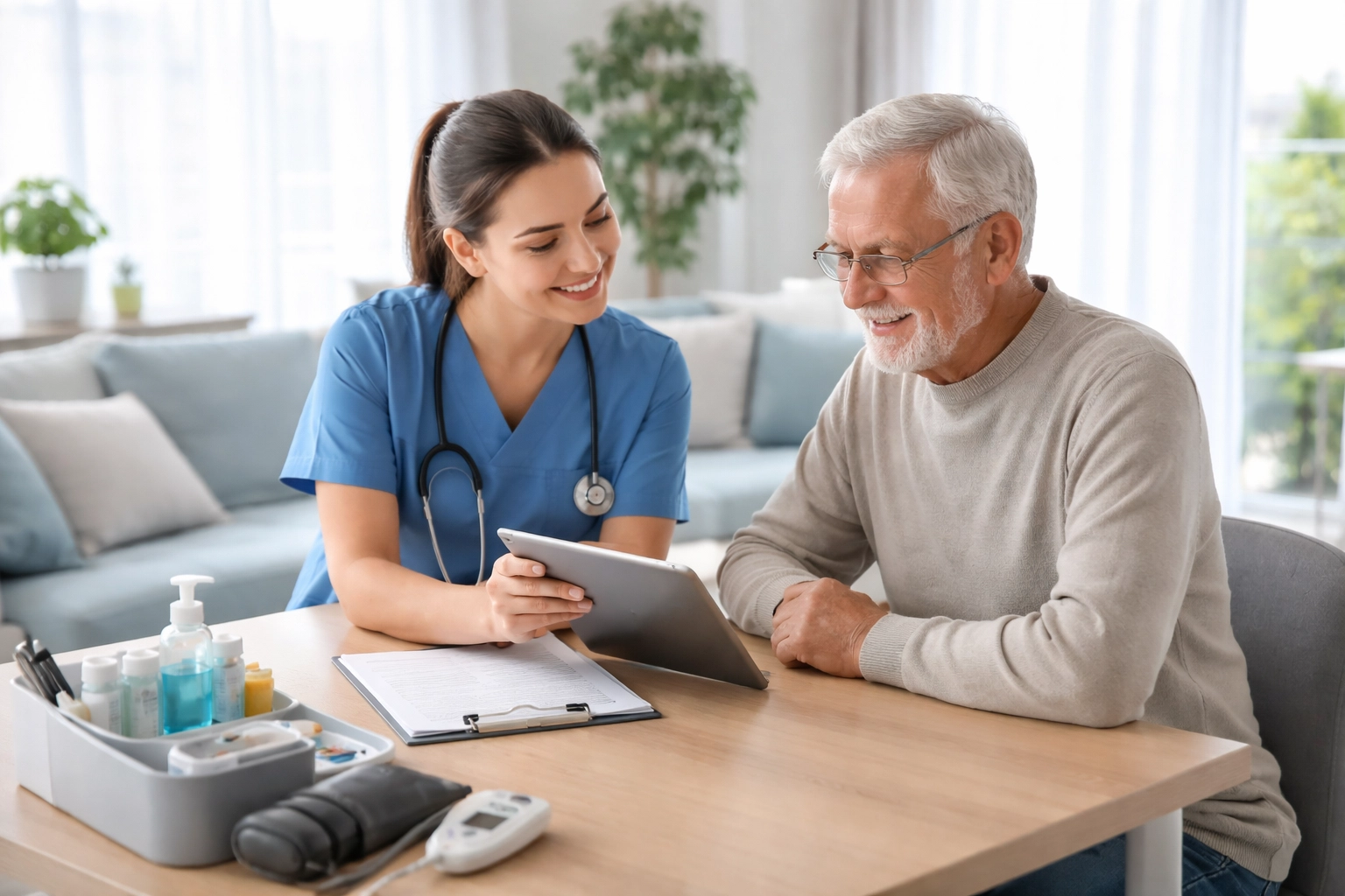 Home health nurse and elderly patient reviewing Medicare documentation together in a bright living room