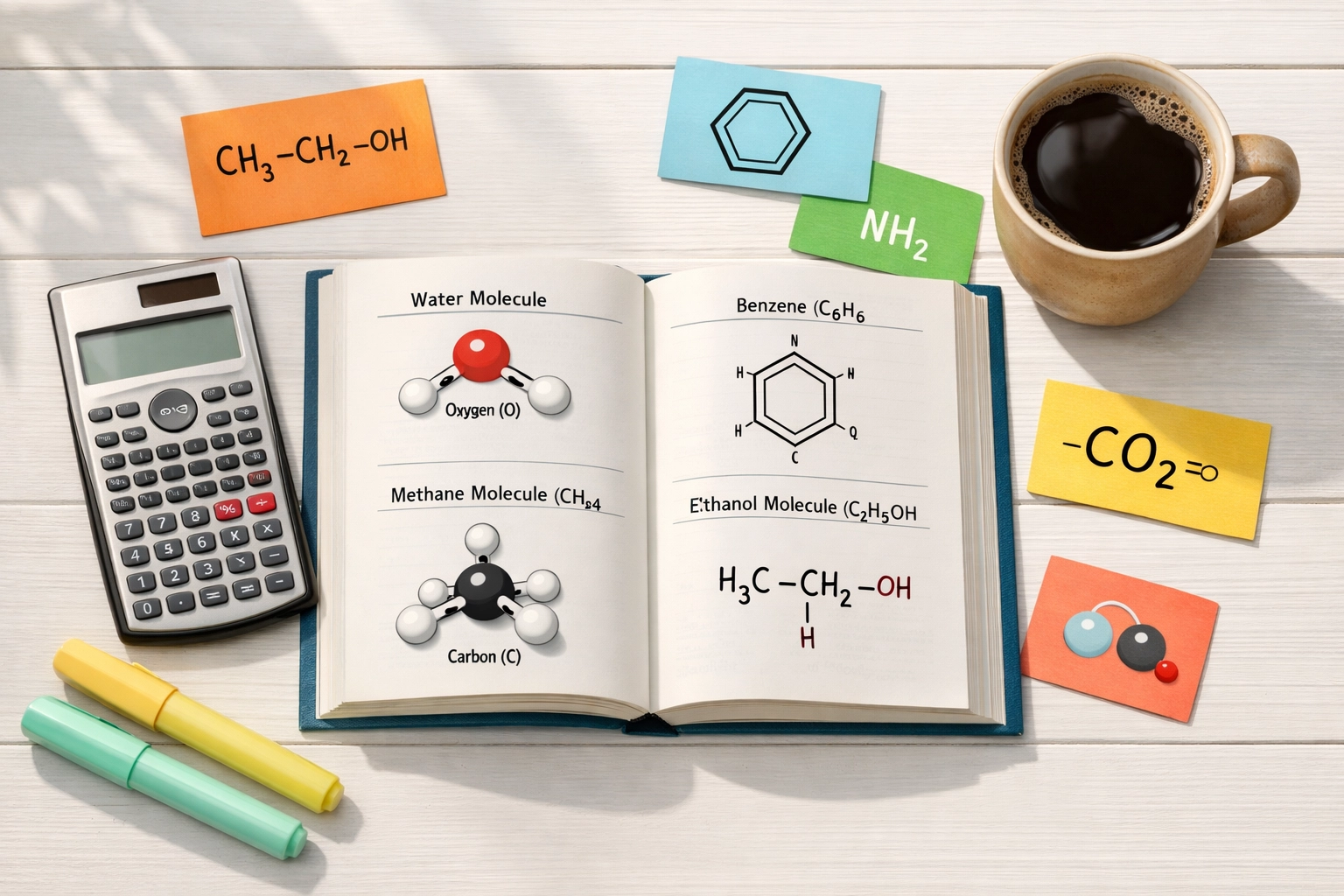 Chemistry Olympiad study materials including textbooks, flashcards, and calculator on desk
