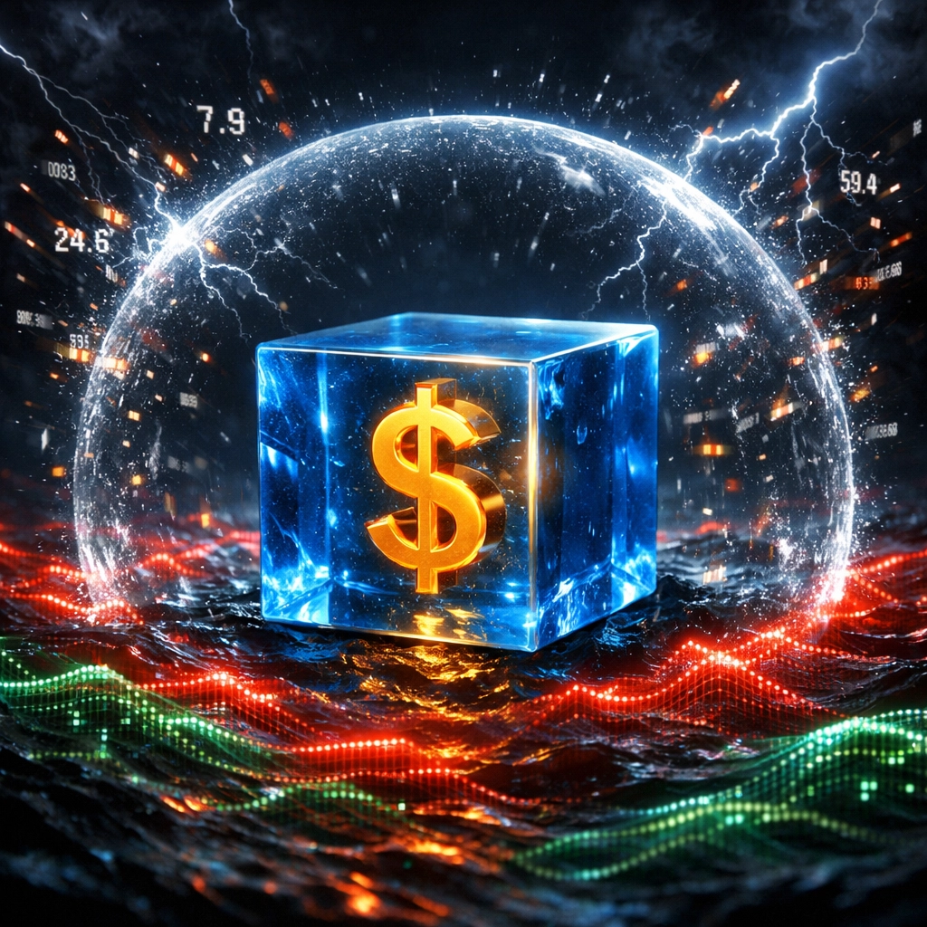 Secure LUSD stablecoin symbol inside a protective shield amidst volatile crypto market data.