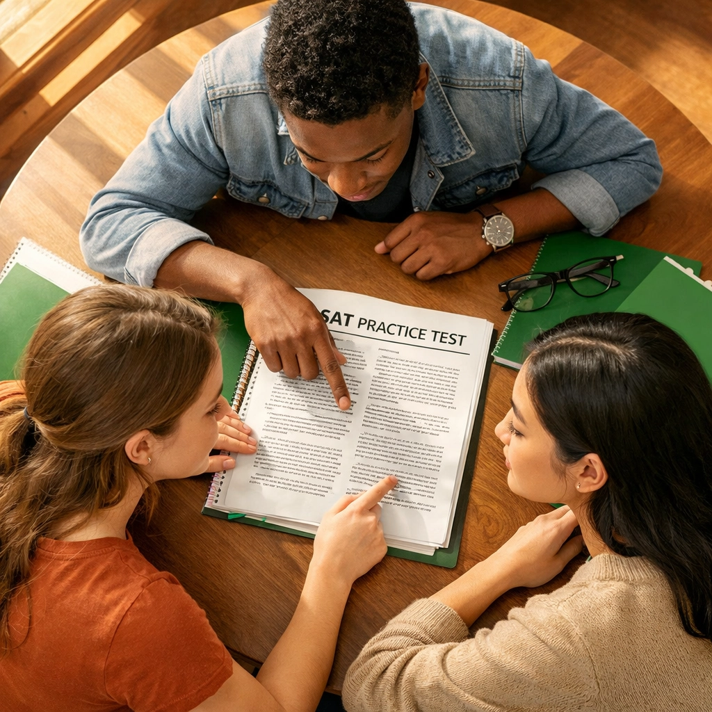 Students collaborating on SAT reading command of evidence practice questions